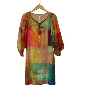 Uncle Frank Multi Water Color Shift Dress Sz Sm Puff Sleeve Bow Tie Detail